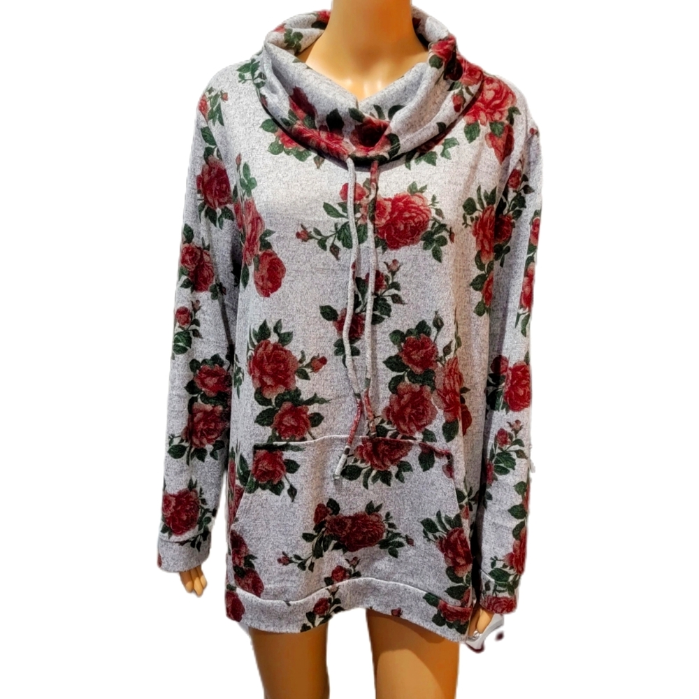 SJS gray light sweater with rose print, front pocket XXL NWOT